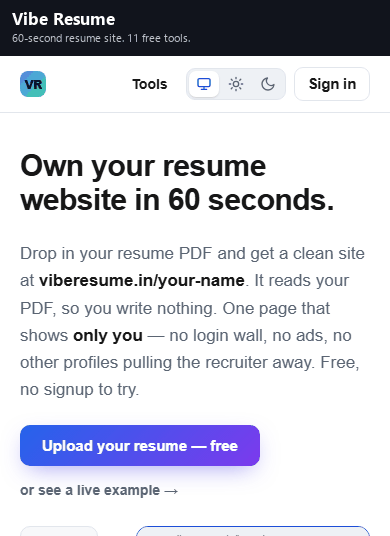 Demo showing Vibe Resume: a resume matched against a job ad with the score and missing keywords, then a tailor CTA