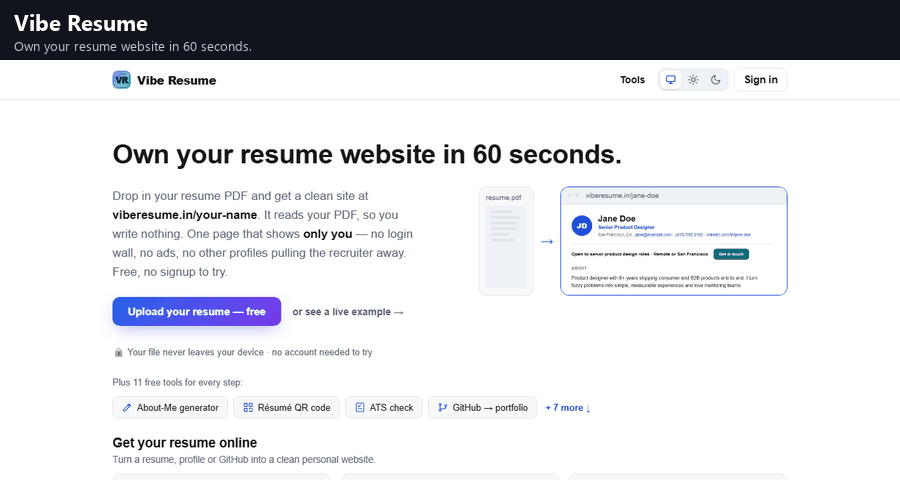 Demo showing a PDF resume converting to a live website, with theme switching, in seconds